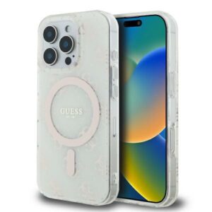 Guess GUHMP16LH4DTEH Apple iPhone 16 Pro 6.3" baltos spalvos kietas dėklas IML 4G Background MagSafe