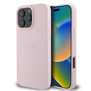 Guess GUHMP16LPGHSMMP Apple iPhone 16 Pro 6.3" rožinės spalvos kietas dėklas Grained Ring MagSafe