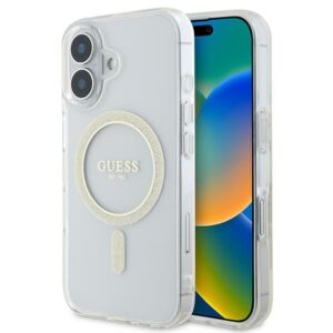 Guess GUHMP16SHFGERET Apple iPhone 16 6.1" skaidrus kietas dėklas IML Glitter Circle MagSafe