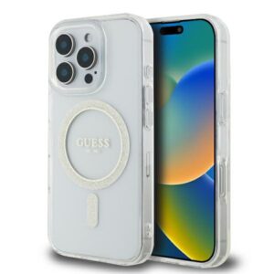 Guess GUHMP16LHFGERET Apple iPhone 16 Pro 6.3" skaidrus kietas dėklas IML Glitter Circle MagSaf - Image 1