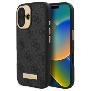 Guess GUHMP16SU4GPRK Apple iPhone 16 6.1" juodos spalvos kietas dėklas 4G Logo Plate MagSafe
