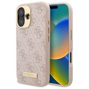 Guess GUHMP16SU4GPRP Apple iPhone 16 6.1" rožinės spalvos kietas dėklas 4G Logo Plate MagSafe