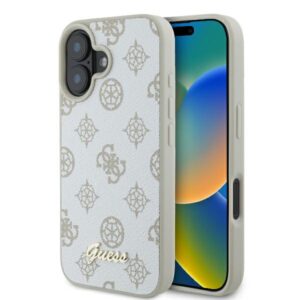 Guess GUHMP16SPGPYSH Apple iPhone 16 6.1" baltos spalvos kietas dėklas Peony Script Logo MagSafe