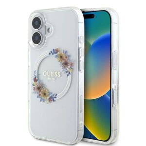 Guess GUHMP16MHFWFCT Apple iPhone 16 Plus 6.7" skaidrus kietas dėklas IML Flowers Wreath MagSaf