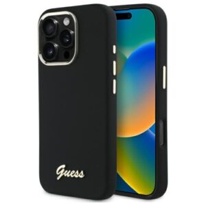 Guess GUHCP16XSMBSLK Apple iPhone 16 Pro Max 6.9" juodos spalvos kietas dėklas Silicone Script Metal Logo & Frame