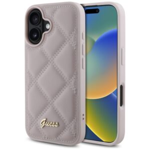 Guess GUHCP16SPSQSQSP Apple iPhone 16 6.1" rožinės spalvos kietas dėklas Quiled Metal Logo