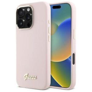 Guess GUHCP16XSMBSLP Apple iPhone 16 Pro Max 6.9" rožinės spalvos kietas dėklas Silicone Script Metal Logo & Frame