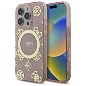Guess GUHMP16LH4PYEEP Apple iPhone 16 Pro 6.3" rožinės spalvos kietas dėklas IML Peony On 4G Background MagSafe