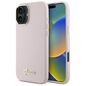 Guess GUHCP16MSMBSLP Apple iPhone 16 Plus 6.7" rožinės spalvos kietas dėklas Silicone Script Metal Logo & Frame