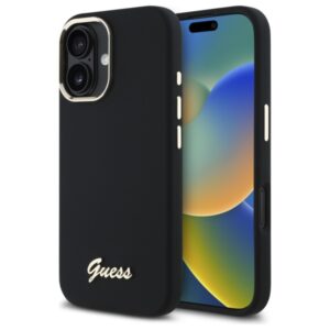 Guess GUHCP16SSMBSLK Apple iPhone 16 6.1" juodos spalvos kietas dėklas Silicone Script Metal Logo & Frame