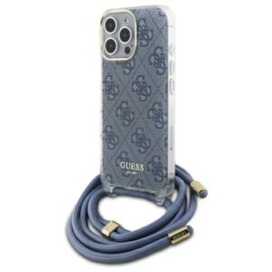 Guess GUHCP16LHC4SEB Apple iPhone 16 Pro 6.3" blue kietas dėklas Crossbody Cord 4G Print