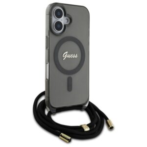 Guess GUHMP16SHCTSGNSK Apple iPhone 16 6.1" juodos spalvos kietas dėklas Crossbody Cord Script MagSafe - Image 3