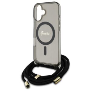 Guess GUHMP16SHCTSGNSK Apple iPhone 16 6.1" juodos spalvos kietas dėklas Crossbody Cord Script MagSafe - Image 5