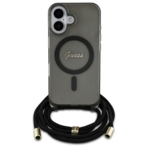 Guess GUHMP16SHCTSGNSK Apple iPhone 16 6.1" juodos spalvos kietas dėklas Crossbody Cord Script MagSafe - Image 2