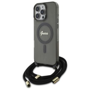 Guess GUHMP16XHCTSGNSK Apple iPhone 16 Pro Max 6.9" juodos spalvos kietas dėklas Crossbody Cord Script MagSafe