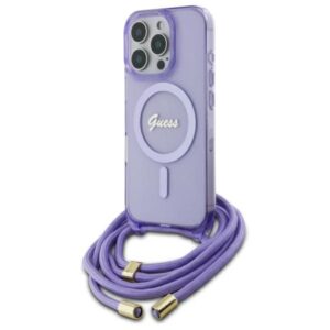 Guess GUHMP16XHCTSGNSU Apple iPhone 16 Pro Max 6.9" violetinės spalvos kietas dėklas Crossbody Cord Script MagSaf