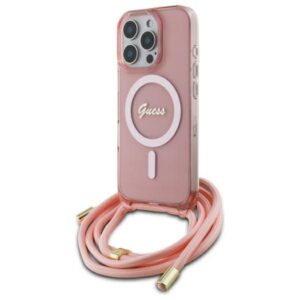 Guess GUHMP16LHCTSGNSP Apple iPhone 16 Pro 6.3" rožinės spalvos kietas dėklas Crossbody Cord Script MagSafe