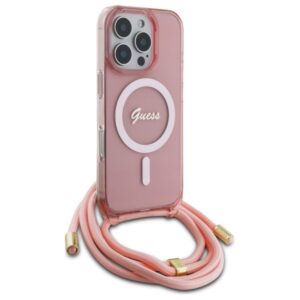 Guess GUHMP16LHCTSGNSP Apple iPhone 16 Pro 6.3" rožinės spalvos kietas dėklas Crossbody Cord Script MagSafe - Image 3
