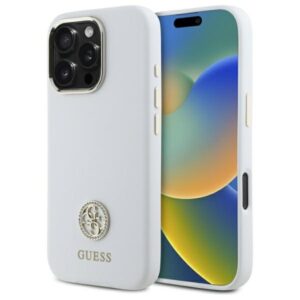 Guess GUHCP16LM4DGPH Apple iPhone 16 Pro 6.3" baltos spalvos kietas dėklas Silicone Logo Strass 4G