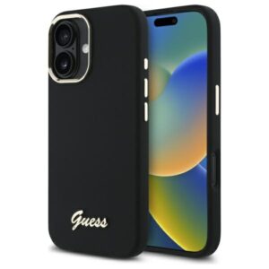 Guess GUHCP16MSMBSLK Apple iPhone 16 Plus 6.7" juodos spalvos kietas dėklas Silicone Script Metal Logo & Frame