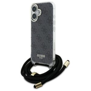 Guess GUHCP16SHC4SEK Apple iPhone 16 6.1" juodos spalvos kietas dėklas Crossbody Cord 4G Print