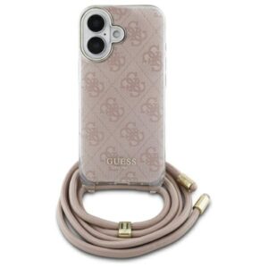 Guess GUHCP16SHC4SEP Apple iPhone 16 6.1" rožinės spalvos kietas dėklas Crossbody Cord 4G Print
