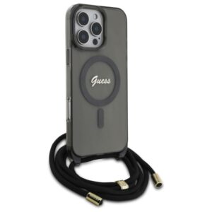 Guess GUHMP16LHCTSGNSK Apple iPhone 16 Pro 6.3" juodos spalvos kietas dėklas Crossbody Cord Script MagSafe - Image 3