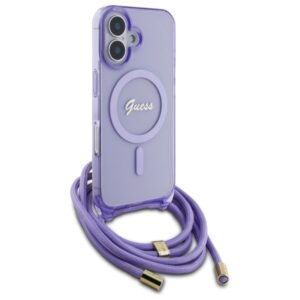 Guess GUHMP16SHCTSGNSU Apple iPhone 16 6.1" violetinės spalvos kietas dėklas Crossbody Cord Script MagSafe - Image 3