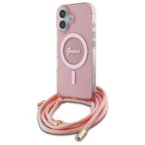 Guess GUHMP16SHCTSGNSP Apple iPhone 16 6.1" rožinės spalvos kietas dėklas Crossbody Cord Script MagSafe - Image 2