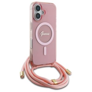 Guess GUHMP16SHCTSGNSP Apple iPhone 16 6.1" rožinės spalvos kietas dėklas Crossbody Cord Script MagSafe - Image 3