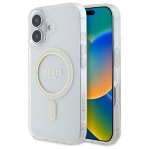 Guess GUHMP16MHFGERET Apple iPhone 16 Plus 6.7" skaidrus kietas dėklas IML Glitter Circle