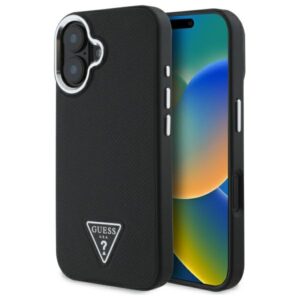 Guess GUHMP16MPGTSPSK Apple iPhone 16 Plus 6.7" juodos spalvos kietas dėklas Grained Triangle MagSafe