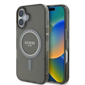Guess GUHMP16MHFGEREK Apple iPhone 16 Plus 6.7" juodos spalvos kietas dėklas IML Glitter Circle MagSafe