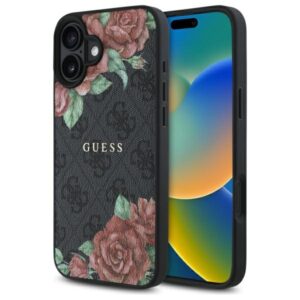 Guess GUHMP16SP4ROPEMCK Apple iPhone 16 6.1" juodos spalvos kietas dėklas 4G Flowers Print MagSafe