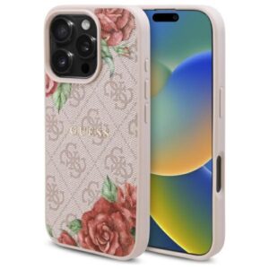 Guess GUHMP16LP4ROPEMCP Apple iPhone 16 Pro 6.3" rožinės spalvos kietas dėklas 4G Flowers Print MagSafe
