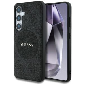 Dėklas Guess 4G Round Patch Classic Logo MagSafe to Samsung Galaxy S25 juodos spalvos