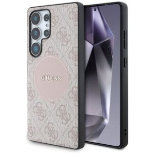 Dėklas Guess 4G Round Patch Classic Logo MagSafe to Samsung Galaxy S25 Ultra rožinės spalvos