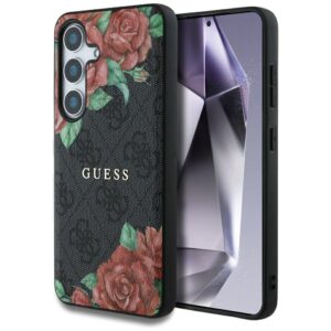 Guess Leather 4G Flowers Print Metal Classic Logo MagSafe Samsung Galaxy S25 dėklas juodos spalvos