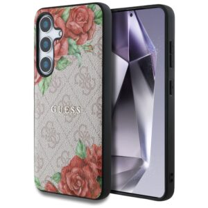 Guess Leather 4G Flowers Print Metal Classic Logo MagSafe Samsung Galaxy S25 dėklas rožinės spalvos