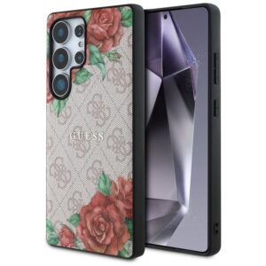 Guess Leather 4G Flowers Print Metal Classic Logo MagSafe Dėklas Samsung Galaxy S25 Ultra rožinės spalvos - Image 1
