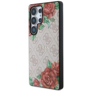 Guess Leather 4G Flowers Print Metal Classic Logo MagSafe Dėklas Samsung Galaxy S25 Ultra rožinės spalvos - Image 2