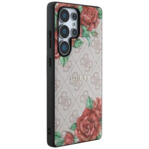 Guess Leather 4G Flowers Print Metal Classic Logo MagSafe Dėklas Samsung Galaxy S25 Ultra rožinės spalvos - Image 4