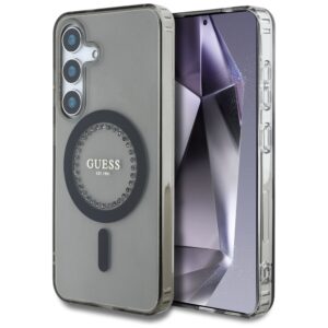 Dėklas Guess Rhinestones Printed Classic Logo MagSafe Samsung Galaxy S25 juodos spalvos
