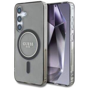 Dėklas Guess Glitter Circle Classic Logo MagSafe Samsung Galaxy S25 juodos spalvos
