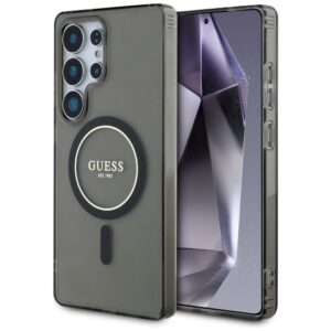 Dėklas Guess Glitter Circle Classic Logo MagSafe Samsung Galaxy S25 Ultra juodos spalvos
