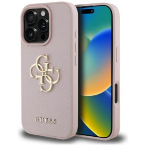 Dėklas Guess Grained Big 4G Logo Small Classic Logo Apple iPhone 16 Pro rožinės spalvos