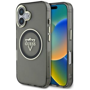 Dėklas Guess IML Metal Mountain Logo MagSafe Apple iPhone 16 juodos spalvos