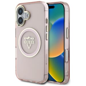 Dėklas Guess IML Metal Mountain Logo MagSafe Apple iPhone 16 rožinės spalvos