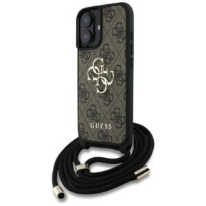 Dėklas Guess 4G Big Logo Cord Stap Crossbody Apple iPhone 16 Plus rudos spalvos