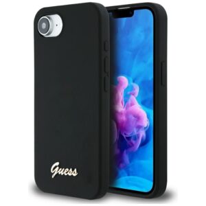 Dėklas Guess Silicone Script Metal Logo MagSafe Apple iPhone 16e / 17e juodos spalvos